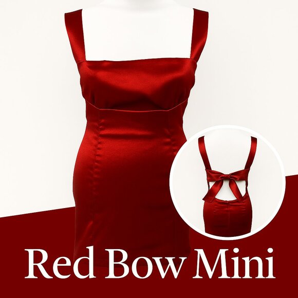 Lucy in the Sky Metallic Red Satin Bow Open Back Mini Dress S Holiday Party Club - Picture 1 of 11